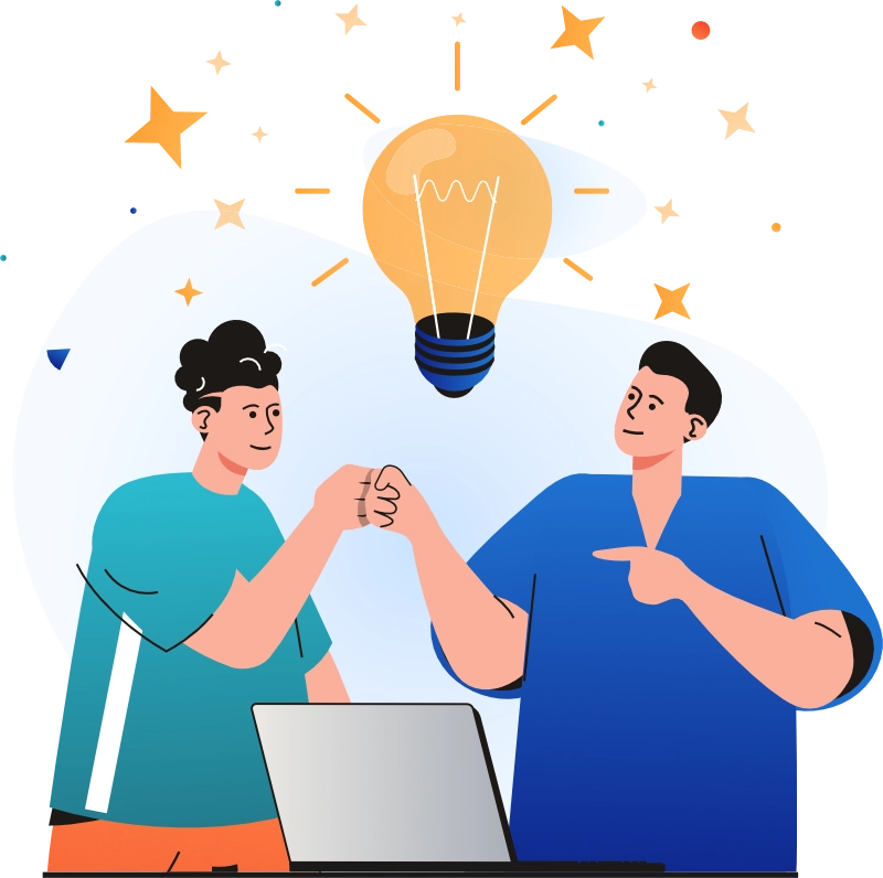 Illustration of two people engaging in a handshake, symbolizing teamwork and collaboration. A glowing light bulb above them represents innovation and new ideas, with a laptop in the foreground suggesting a tech or business-related discussion.