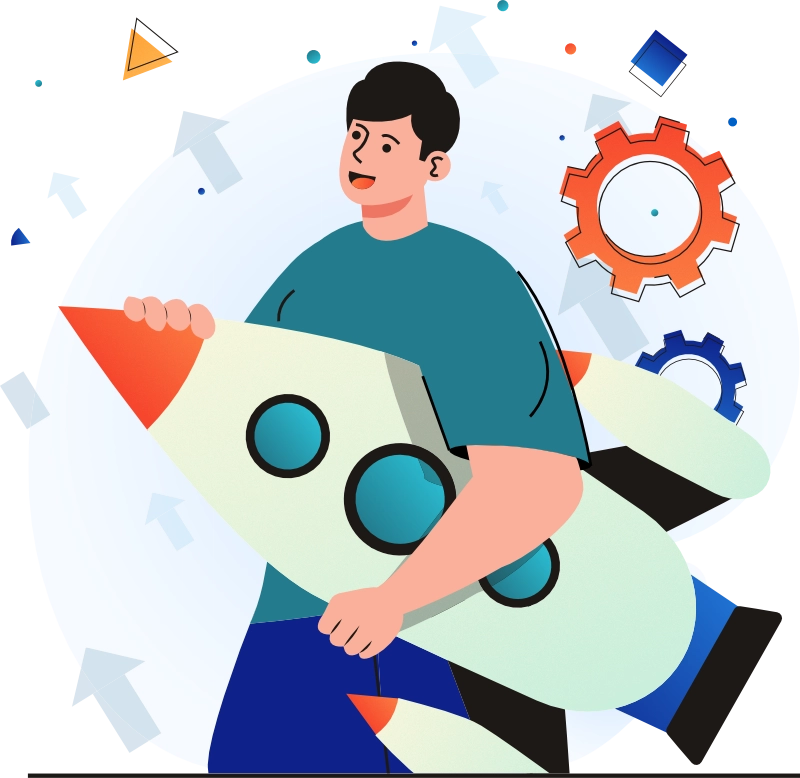 Illustration of a smiling man holding a rocket, symbolizing growth, innovation, and launching new projects. Gears and arrows in the background represent progress, technology, and development.