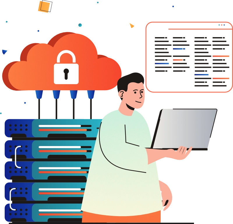 Illustration of a man using a laptop in front of a stack of servers connected to a secure cloud with a lock icon. A digital interface displaying code is visible, representing enterprise cloud hosting, data security, and server management.