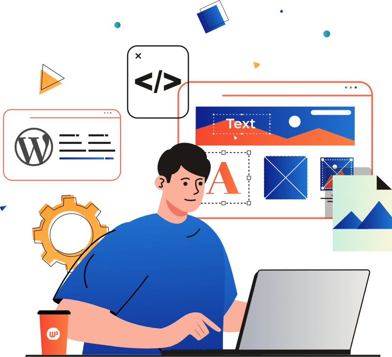 Illustration of a person in a blue shirt working on a laptop, designing a WordPress website. The background includes UI elements like text blocks, images, and a gear symbol, representing website development and customisation. A cup with a ‘WP Hosting’ logo is placed nearby.