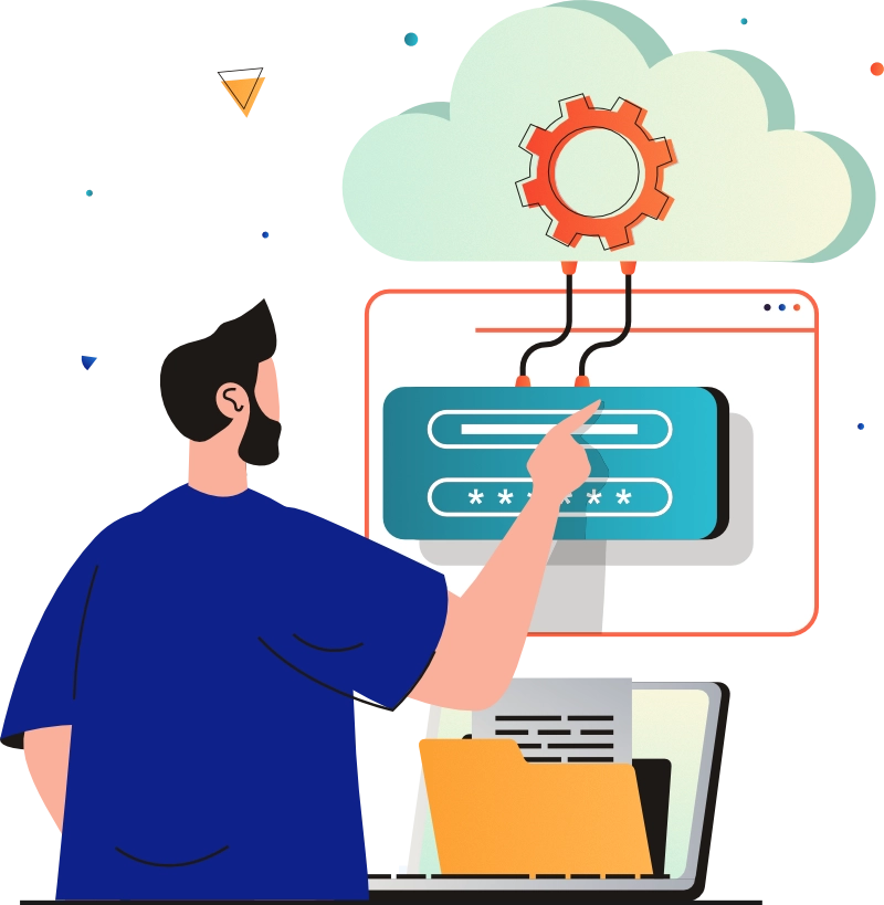 Illustration of a person in a dark blue shirt interacting with a login interface on a digital screen. The interface is connected to a cloud with a gear symbol, representing cloud security, authentication, and system monitoring. A laptop with documents and a folder is placed in the foreground.