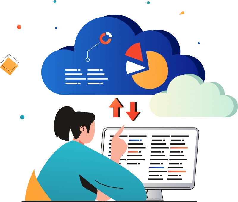 Illustration of a person in a teal shirt working on a computer, pointing at a screen with lines of code. A large blue cloud with data charts, graphs, and arrows representing cloud computing, data analysis, and web performance optimisation is displayed in the background.