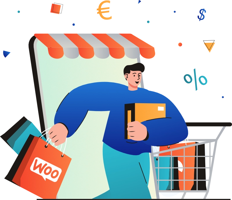 Illustration of a man in a blue sweater holding a package and shopping bags, one of which has the WooCommerce logo. A storefront with an orange and white striped awning is in the background, along with floating e-commerce-related icons, representing online shopping, WooCommerce, and digital transactions.