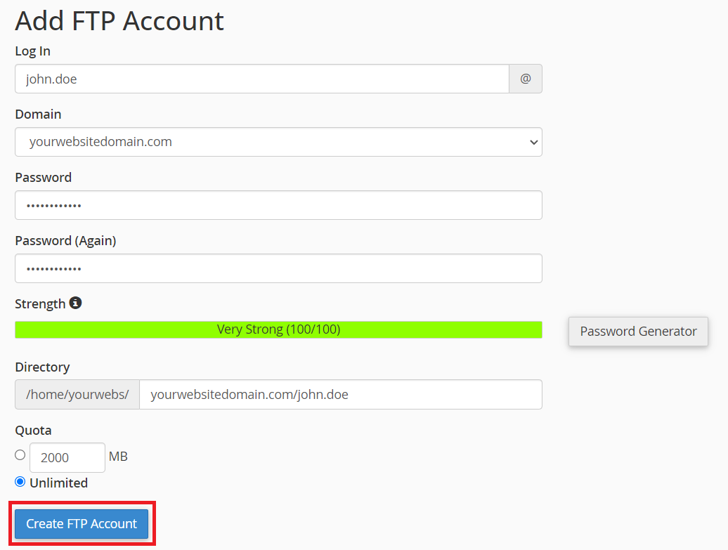 create ftp users: click create FTP account button.