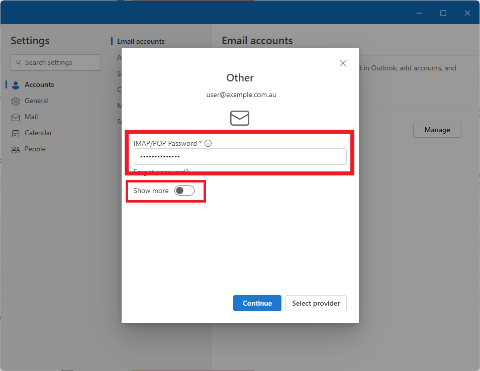 new outlook for windows: email pasword