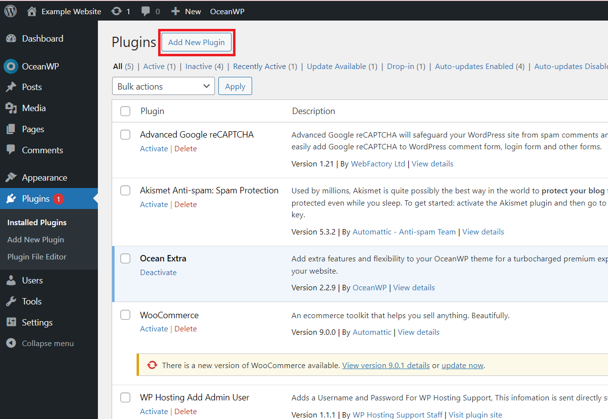 how to install a plugin in wordpress: click 'Add New Plugin'