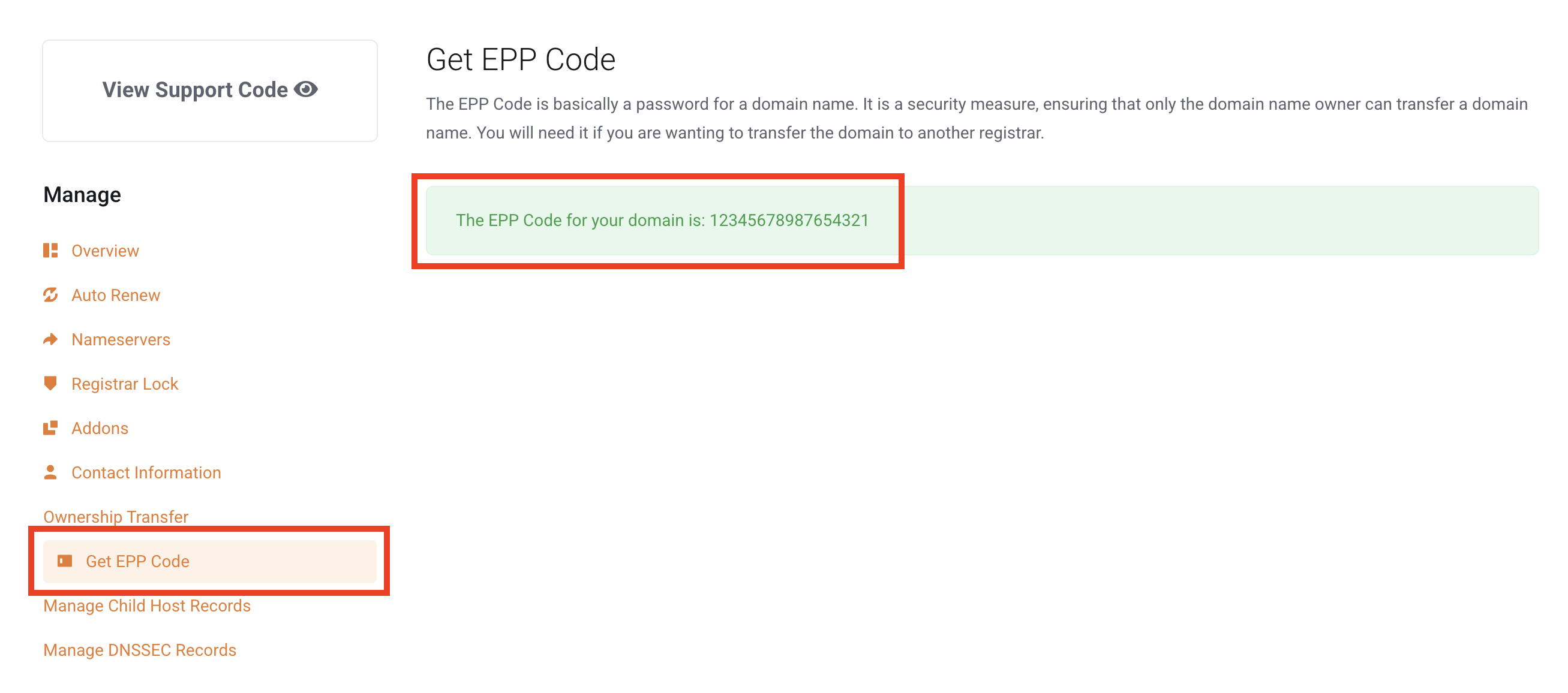 register and manage domain names: get epp code