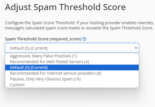 Spam filtering for cPanel: Spam threshold score